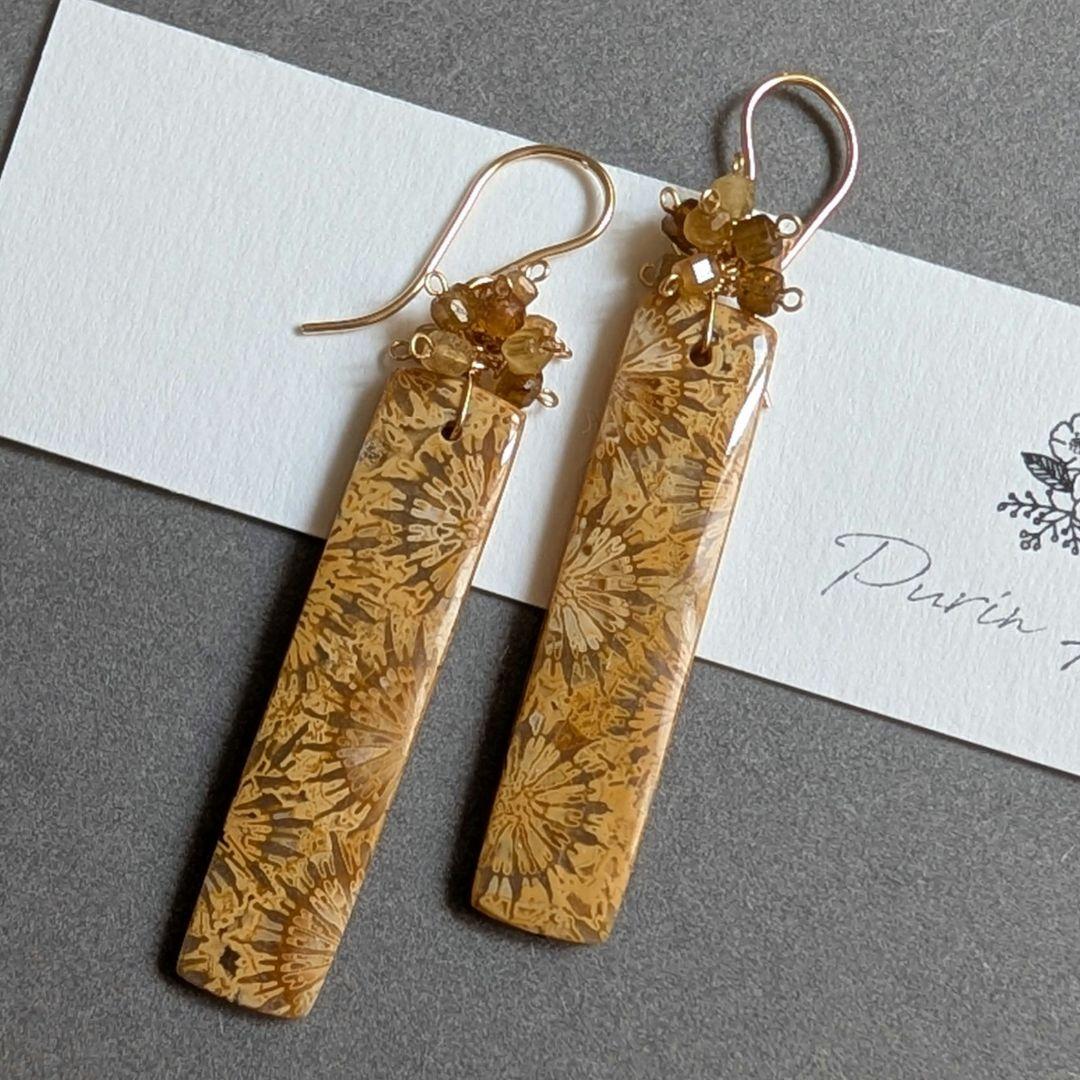 ひまわりフォッシルコーラル レクタングルピアス